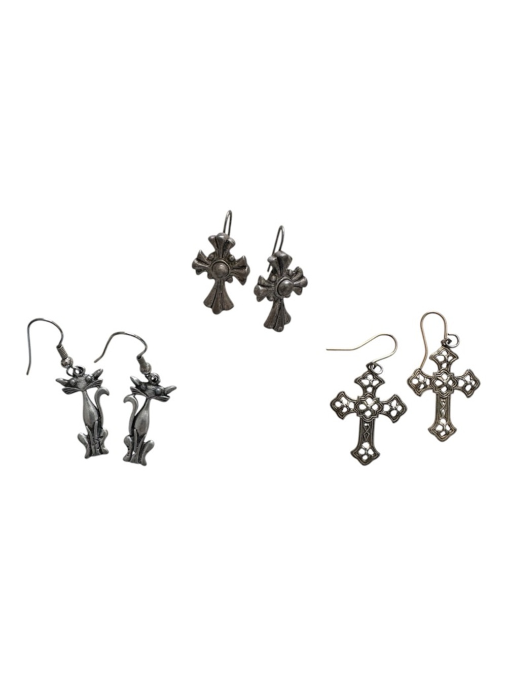 1 Silver Cat & 2 Cross & Floral Drop Earring Set - Women Jewelry